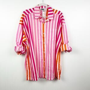 NEW Beach Riot Pink Orange Stripe Button Front Shirt Swimsuit Coverup Size S/M